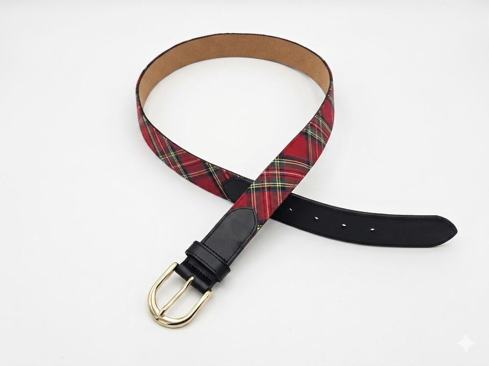 Vintage L.L. Bean XL Red Plaid Leather Belt Gorpcore Casual Cabin Preppy